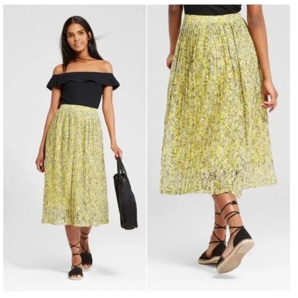 Who What Wear Skirt Pleated Floral Midi Size 8 Yellow Ditsy Flowers Summer Skirt